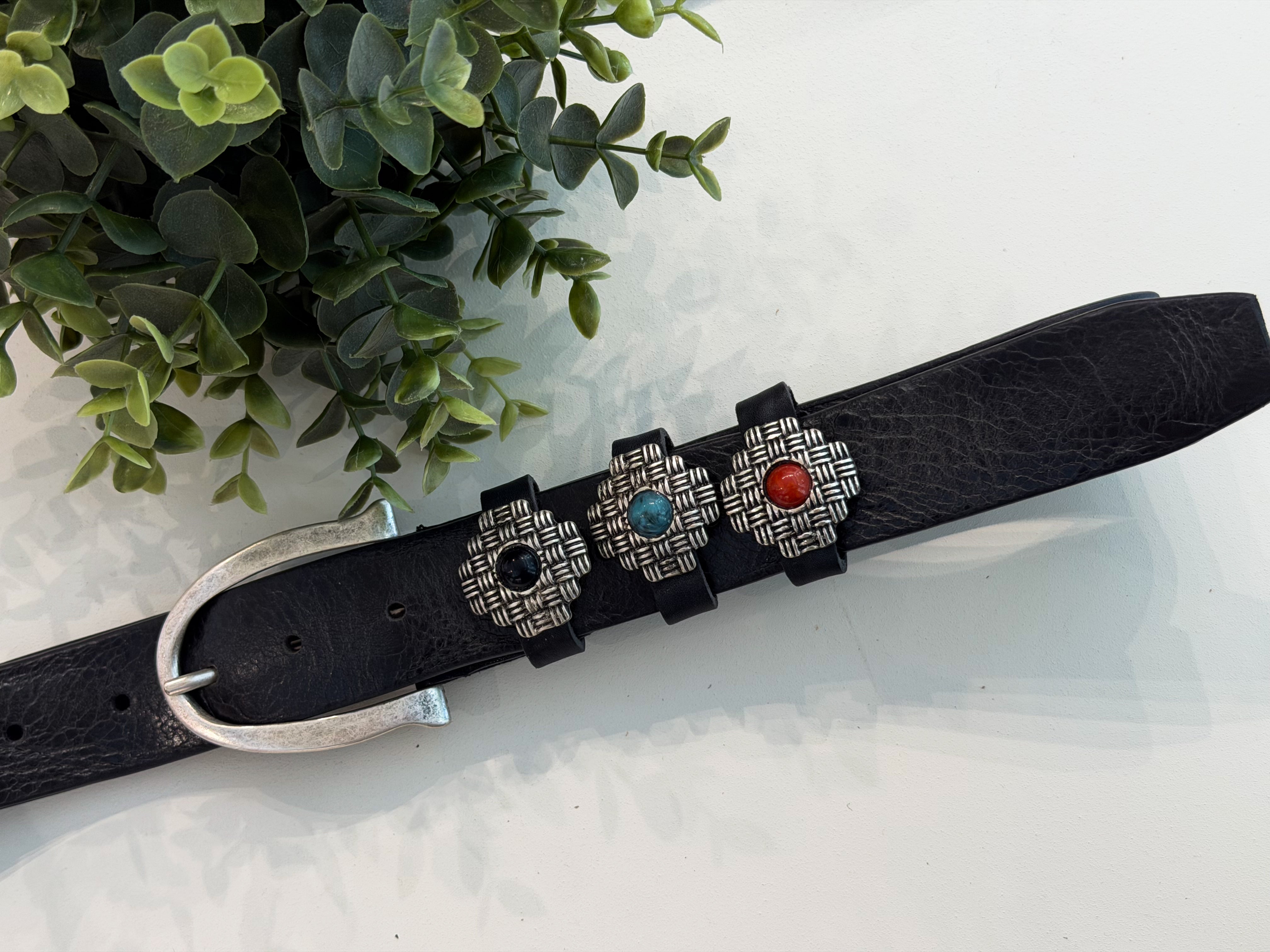 ETHNIC STONE BLACK LEATHER BELT