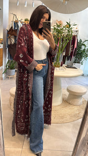 BURGUNDY BANDANA PRINT KNITTED LONG CARDIGAN