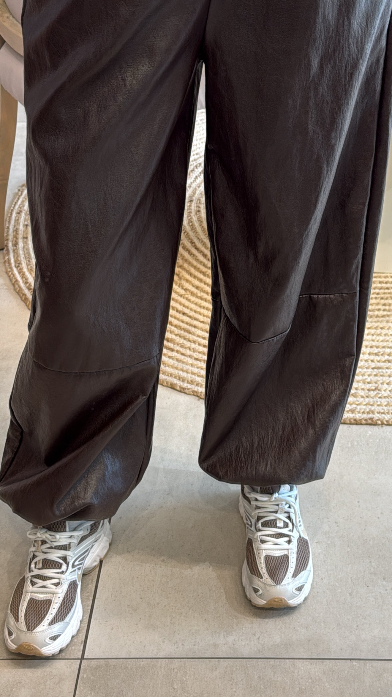 CHOCOLATE LEATHER WIDE-LEG TROUSERS