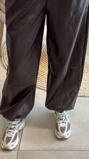 CHOCOLATE LEATHER WIDE-LEG TROUSERS