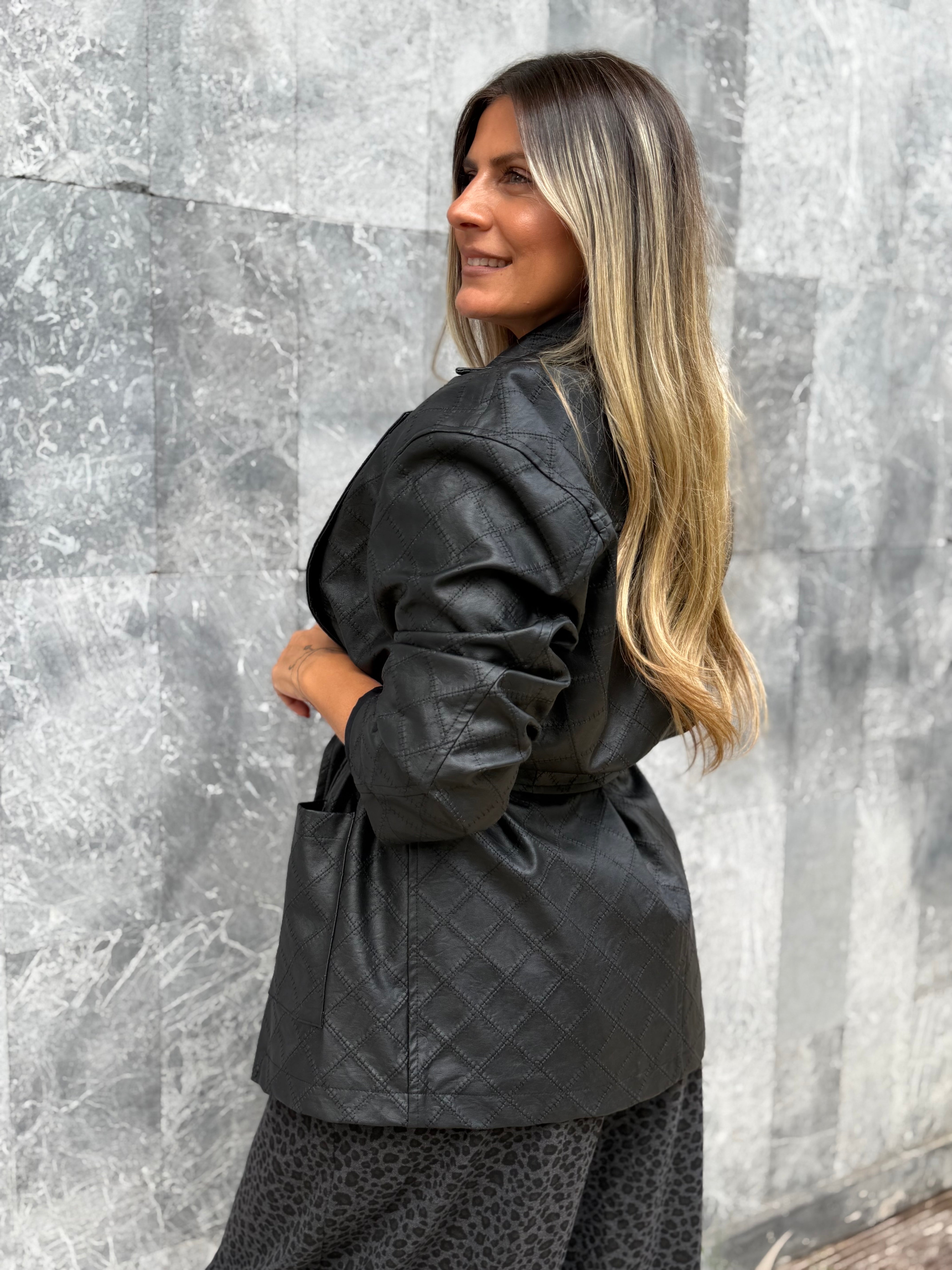 RAVEN QUILTED FAUX LEATHER BELTED JACKET