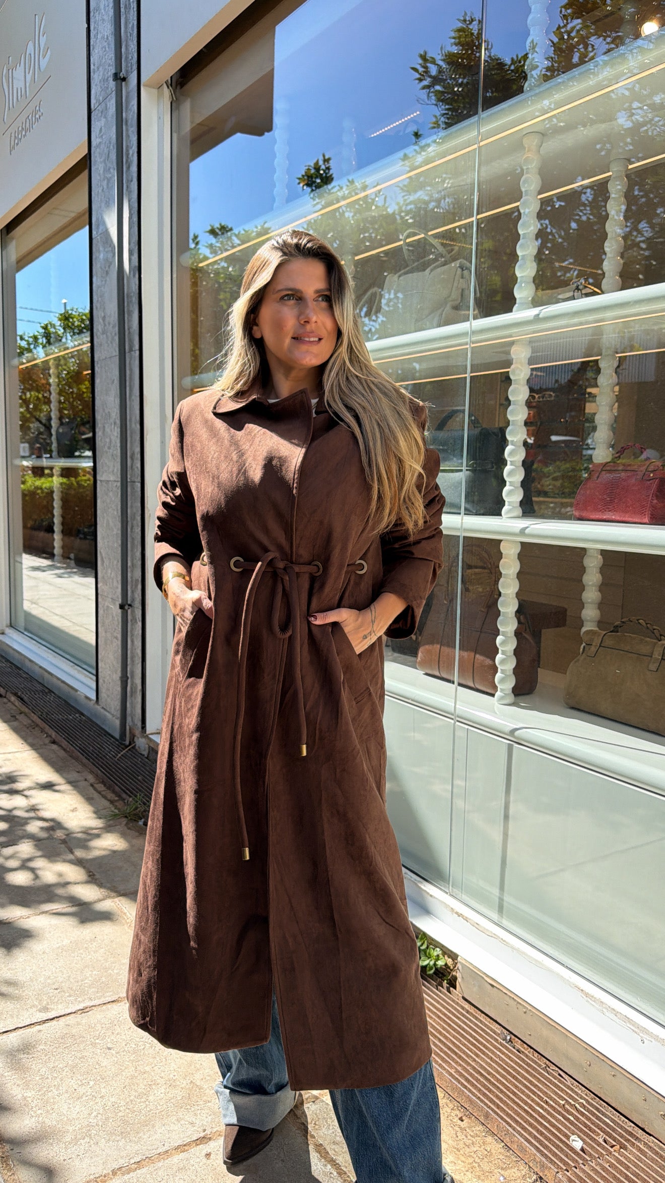 CHOCOLATE BROWN SUEDE ALCANTARA LONG COAT