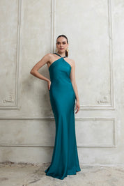 RICH TEAL MAXI SATIN DRESS WITH BEADS