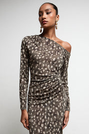 CHAKI BAMBI PRINT RUCHED ONE SHOULDER MAXI DRESS