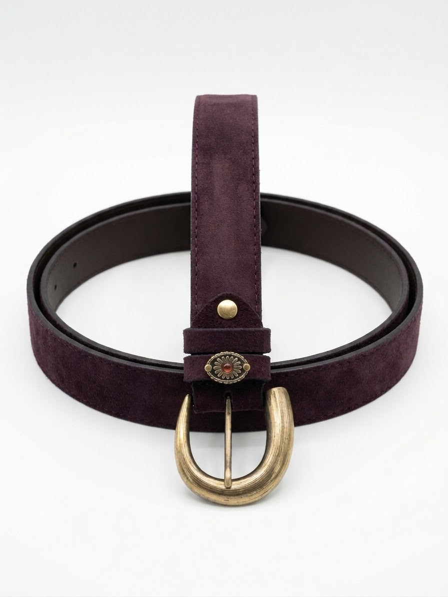 SUEDE LEATHER BELT WITH BRASS BUCKLE & EMBELLISHED LOOP