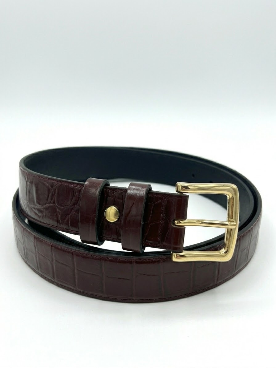 CROCODILE -EMBOSSED LEATHER BELT WITH GOLD BUCLE