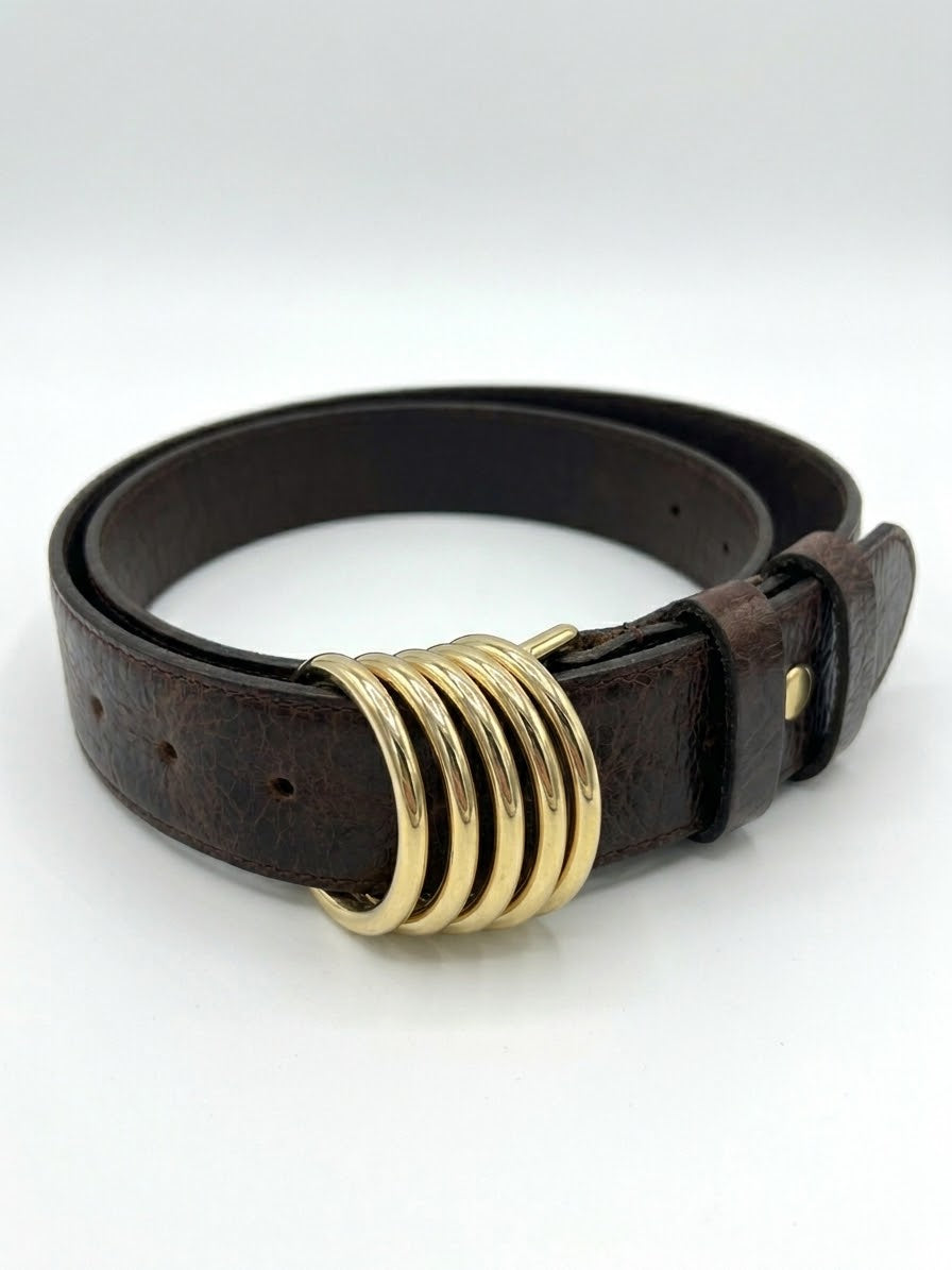LEATHER BELT WITH GOLD MULTI-RING BUCLE